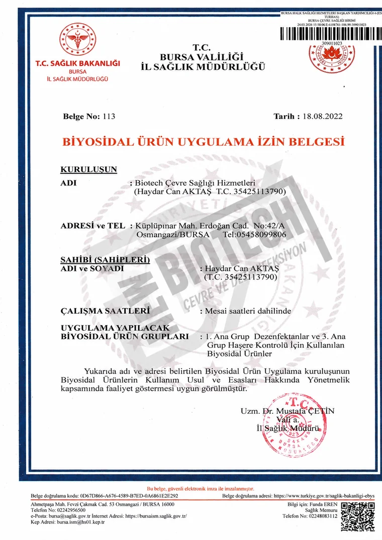 Biyosidal Ürün Uygulama İzin Belgesi, Bursa Valiliği İl Sağlık Müdürlüğü, belge numarası 113, tarih 18.08.2022